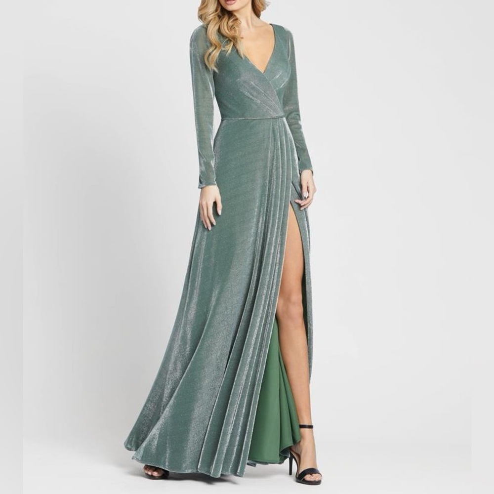 Mac Duggal Shimmering Jade Long Sleeve Gown